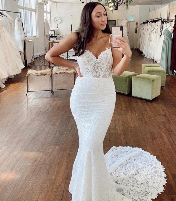 Spaghetti Straps Lace Appliques Wedding Dresses | Mermaid Sleeveless Cheap Bridal Gowns_2