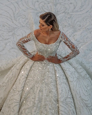 Magnifiques paillettes brillantes robes de mariée robe de bal en cristal | Robes de mariée à manches longues et épaules dénudées_3