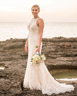Elegant Lace Straps Sheath Cheap Wedding Dresses | Sleeveless Appliques Floor Length Bridal Gowns_3