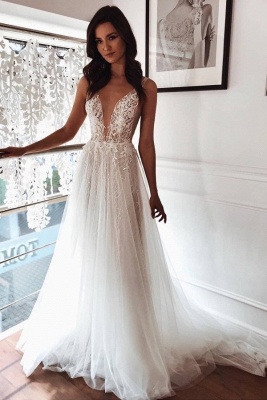 Straps Appliques Sleeveless Beach Wedding Dresses | Sexy V-neck Summer A-line Bridal Gowns_1