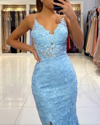 Sky Blue Side Slit Prom Dress Sleeveless V-Neck Mermaid Party Dress_6