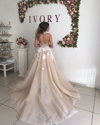 Flower Appliques Beading Halter Sheath Wedding Dresses | Backless Belt Bridal Gowns with Detachable Skirt_2