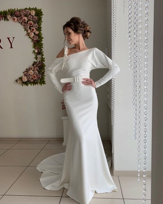 Long Sleeve Sash Belt Cheap Wedding Dresses | Sexy Backless Sheath Bridal Gowns Online_3