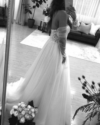 Straplesss A-line Appliques Vestidos de novia baratos | Vestidos de novia sin espalda hasta el suelo con mangas de tul_3