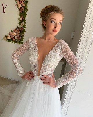 A-line Chiffon Sexy V-neck Wedding Dresses | Long Sleeve Flower  Bridal Gowns_2