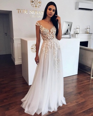 Appliques Sheer Tulle A-line Wedding Dresses | Sleeveless  Floor Length Bridal Gowns_2