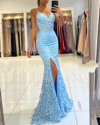 Sky Blue Side Slit Prom Dress Sleeveless V-Neck Mermaid Party Dress_2
