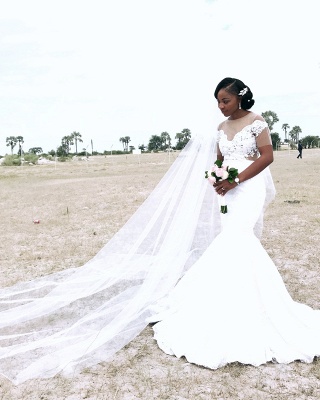Robes de mariée en tulle transparent avec appliques de sirène | Robes de mariée pas cher à manches courtes_5