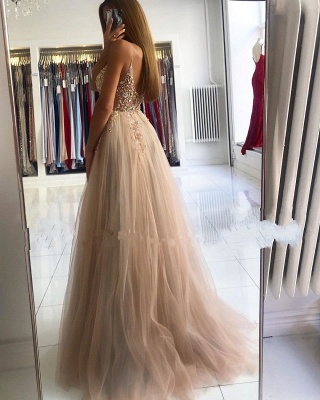 Stunning Spaghetti Straps Tulle Long Evening Dress with Beadings Pearls V-Neck Party Dress_4