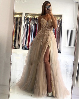 Stunning Spaghetti Straps Tulle Long Evening Dress with Beadings Pearls V-Neck Party Dress_3