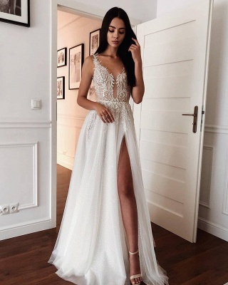 Spaghetti Straps Shiny Appliques  Wedding Dresses | A-line Front Slit V-neck Bridal Gowns Online_2