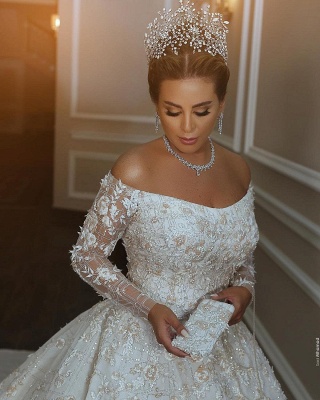 Off The Shoulder Shiny Appliques Ball Gown Wedding Dresses | Lace Long Sleeves Bridal Gowns_3