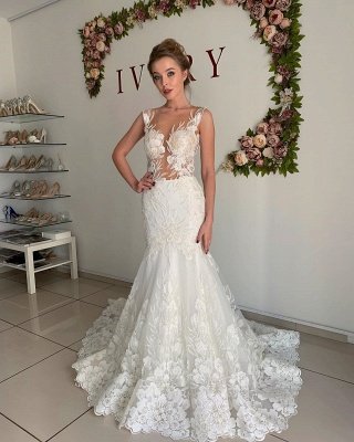 Straps Appliques Mermaid Wedding Dresses | Pleated Sheer tulle  Bridal Gowns_3