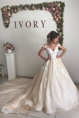 Gorgeous Straps Appliques Ball Gown Wedding Dresses | Sleeveless Open Back Sweep Train Bridal Gowns_1