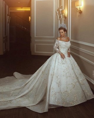 Off The Shoulder Shiny Appliques Ball Gown Wedding Dresses | Lace Long Sleeves Bridal Gowns_4