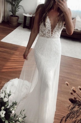 V-neck Spaghetti Straps Lace Appliques Wedding Dresses | Mermaid Floor Length Bridal Gowns_1