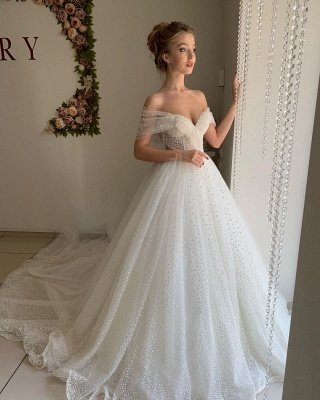 Sweetheart Pearl Off The Shoulder Ball Gown Wedding Dresses | Backless Tulle  Bridal Gowns_4