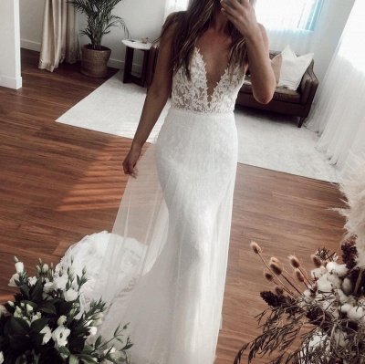 V-neck Spaghetti Straps Lace Appliques Wedding Dresses | Mermaid Floor Length Bridal Gowns_3