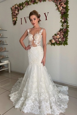 Straps Appliques Mermaid Wedding Dresses | Pleated Sheer tulle  Bridal Gowns_1