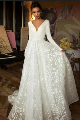 Elegant Lace Bridal A-line V-Neck Long Sleeves Wedding Dresses_1