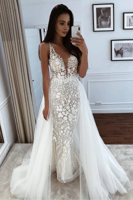 Spaghetti Straps Appliques Wedding Dresses With Detachable Train | V-neck Mermaid Cheap Bridal Gowns_1