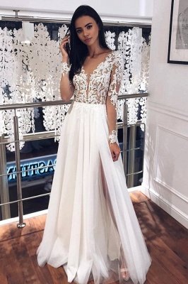 Long Sleeve Beads Appliques A-line Wedding Dresses | V-neck Tulle Floor Length Bridal Gowns_1