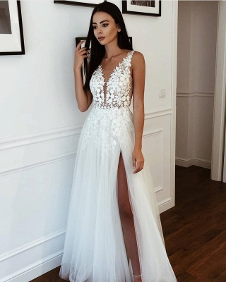 Straps Appliques V-neck A-line Wedding Dresses | Side Slipt Tulle Floor Length Gowns Online_2