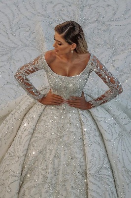 Magnifiques paillettes brillantes robes de mariée robe de bal en cristal | Robes de mariée à manches longues et épaules dénudées_1