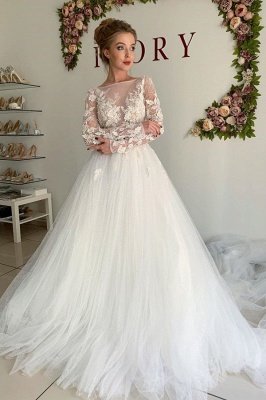 Sheer Tulle Elegant Appliques Wedding Dresses | Long Sleeve A-line Bridal Gowns Online_1