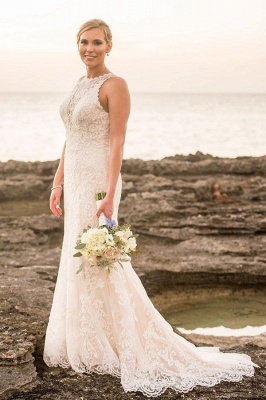 Elegant Lace Straps Sheath Cheap Wedding Dresses | Sleeveless Appliques Floor Length Bridal Gowns_1