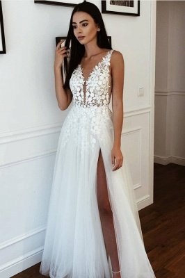 Straps Appliques V-neck A-line Wedding Dresses | Side Slipt Tulle Floor Length Gowns Online_1