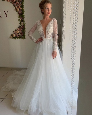 A-line Chiffon Sexy V-neck Wedding Dresses | Long Sleeve Flower  Bridal Gowns_3