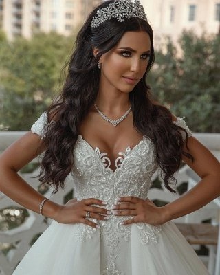 Vestidos de novia de tubo con apliques de hombros descubiertos | Vestidos de novia de tul con escote corazón y cola desmontable de encaje_4