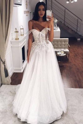 Beads Off The Shoulder Strapless Wedding Dresses | A-line Floor Length  Bridal Gowns_1