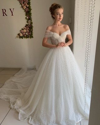 Sweetheart Pearl Off The Shoulder Ball Gown Wedding Dresses | Backless Tulle  Bridal Gowns_3