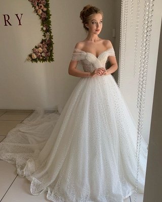 chérie perle hors de l'épaule robes de mariée robe de bal | Robes De Mariée Pas Cher En Tulle Dos Nu_3