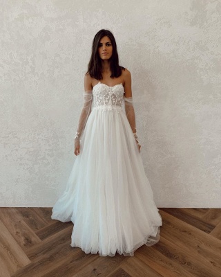 Straplesss A-line Appliques  Wedding Dresses | Tulle Sleeves Floor Length Backless Bridal Gowns_4