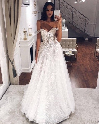 Beads Off The Shoulder Strapless Wedding Dresses | A-line Floor Length  Bridal Gowns_2