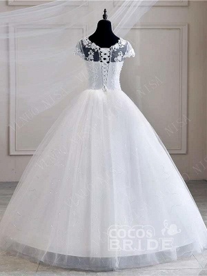 Cap Sleeves White Tulle lace Appliques Wedding Gown Aline Floor Length Bridal Dress_2