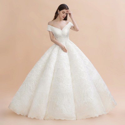 Ivory Off Shoulder Lace Appliques A-line Ball Gown Tulle Wedding Dress_4