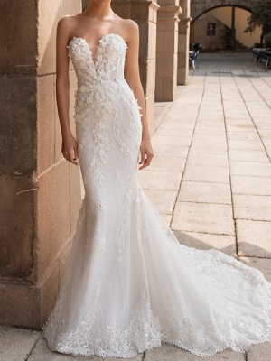 Robe de mariée sirène sans bretelles chérie Robe de mariée en dentelle sans manches florale 3D_1