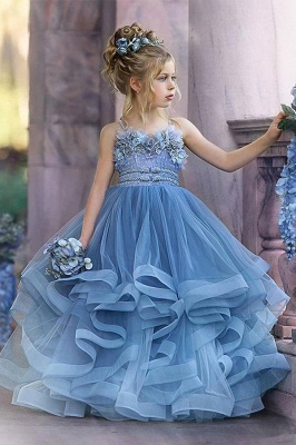 Vestidos de niña de flores de princesa hinchada con volantes azules sin tirantes_1