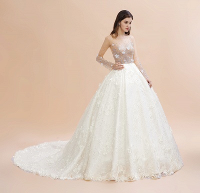 Superbe robe de mariée à encolure dégagée et manches longues en dentelle florale scintillante Robe de mariée Aline_10