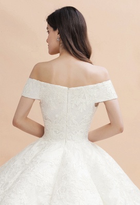 Ivory Off Shoulder Lace Appliques A-line Ball Gown Tulle Wedding Dress_9