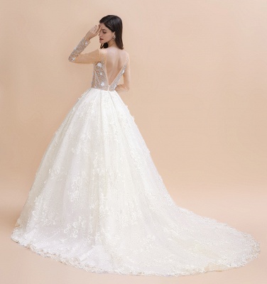 Precioso vestido de novia con escote redondo y manga larga con purpurina y encaje floral Aline vestido de novia_3