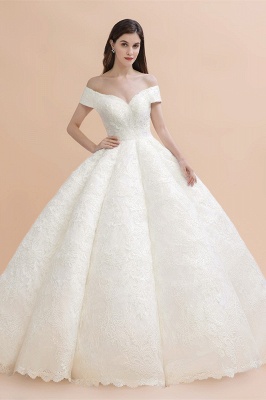 Ivory Off Shoulder Lace Appliques A-line Ball Gown Tulle Wedding Dress_1