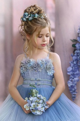 Straps Blue Ruffles Puffy Princess Flower Girl Dresses_6