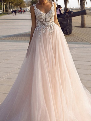 Modest Sleeveless Floral Lace Tulle Aline Wedding Dresses_3