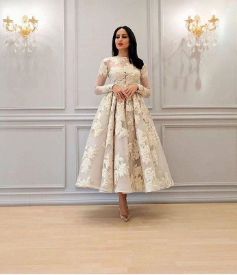 Elegant Long Sleeves Ankle Length Wedding Dress Floral Lace Bridal Dress_2