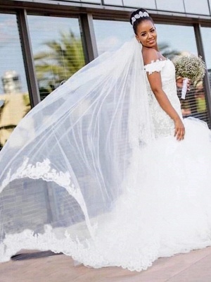 Modest Mermaid Wedding Gowns Off Shoulder Ruffles Tulle Lace Bridal Dress_1